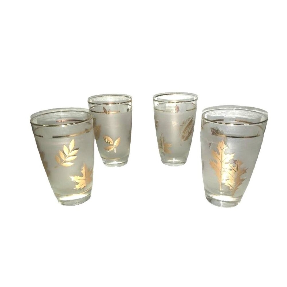Set of 4 Frosted glass Glasses with GOLD FOIL Leaf Art Imprints and Accents